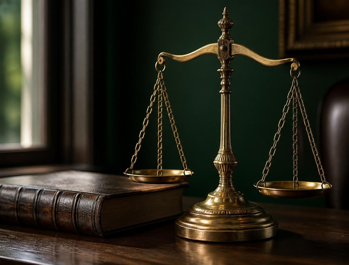 Antique brass scale of justice on a walnut desk