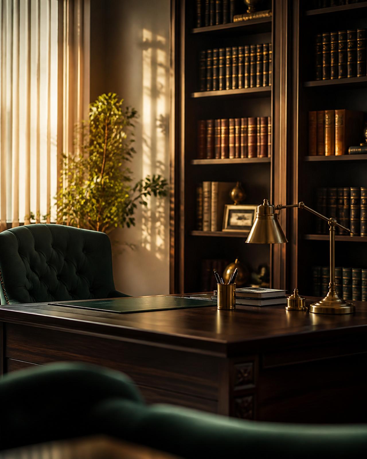 Amiri Legal office interior with walnut desk, brass lamp, and library